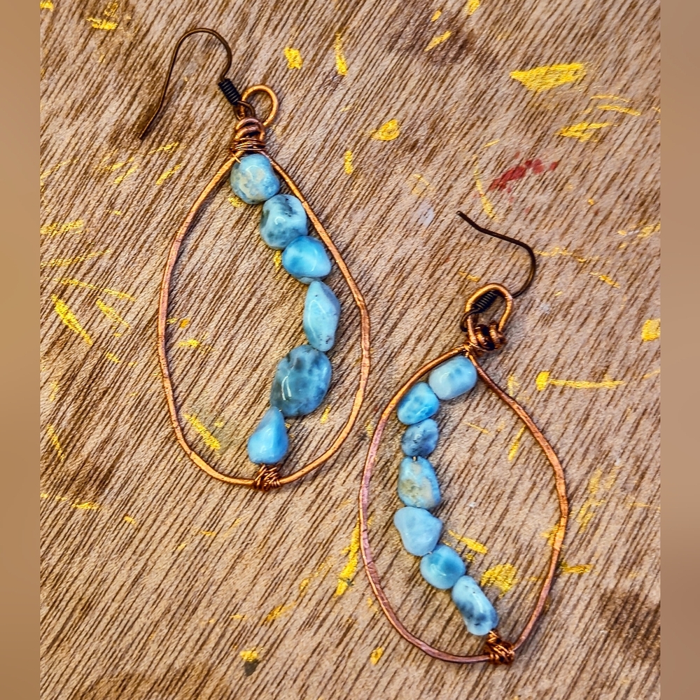 Handcrafted Rustic & Primitive Larimar And Copper Artisan Drop Earrings